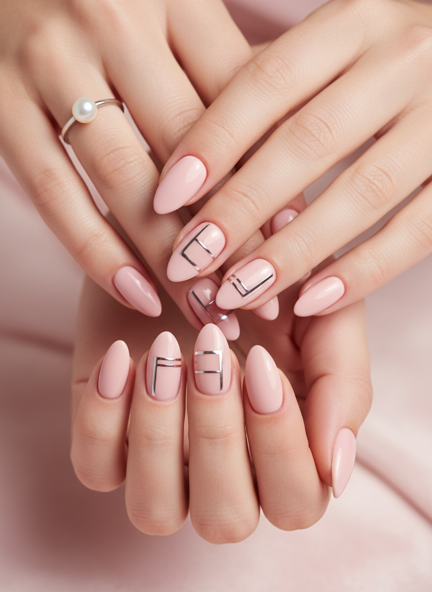 Elegant close-up of a woman's manicured hands with soft blush pink nail art, minimalist chrome and nude tones, luxurious beauty photography, soft natural lighting, creamy pink background, high-end editorial style